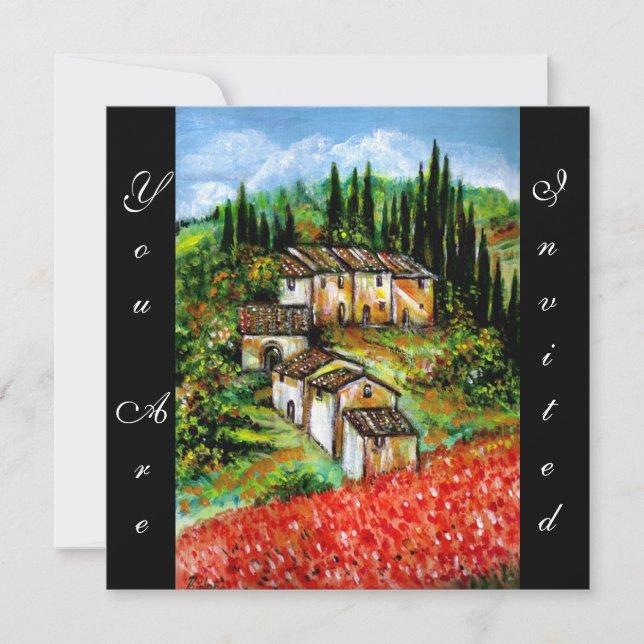 ANTIQUE RUSTIC VILLAGE IN TUSCANY, red blue black Invitation (Front)