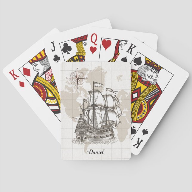 Antique Sailboat with Name Playing Cards (Back)