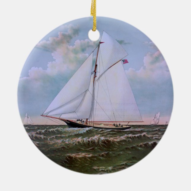 Antique Sailing Ship Sloop Yacht Sailboat Ocean Ceramic Ornament (Back)