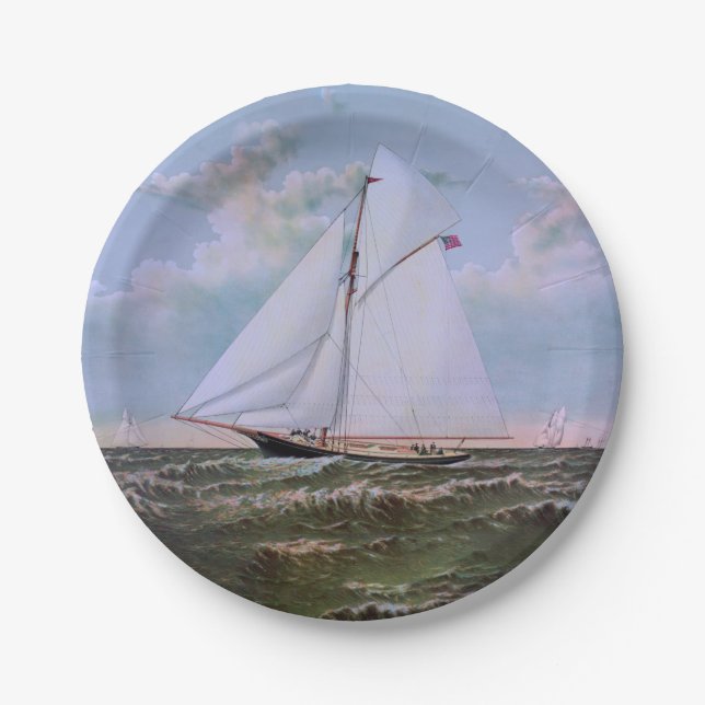 Antique Sailing Ship Sloop Yacht Sailboat Ocean Paper Plate (Front)