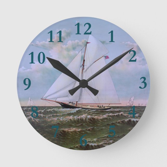 Antique Sailing Ship Sloop Yacht Sailboat Ocean Round Clock (Front)