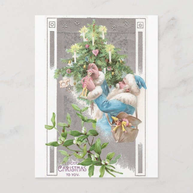 Antique Santa in Blue Coat with Xmas Tree Holiday Postcard (Front)