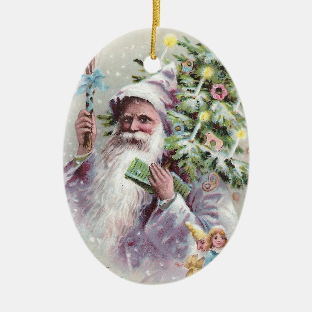 Antique Santa in Purple Coat with Christmas Tree Ceramic Ornament (Front)