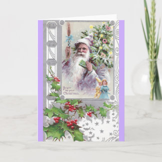 Antique Santa in Purple Coat with Xmas Tree Holiday Card