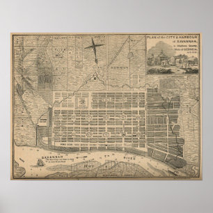 Antique Savannah City Plan Poster