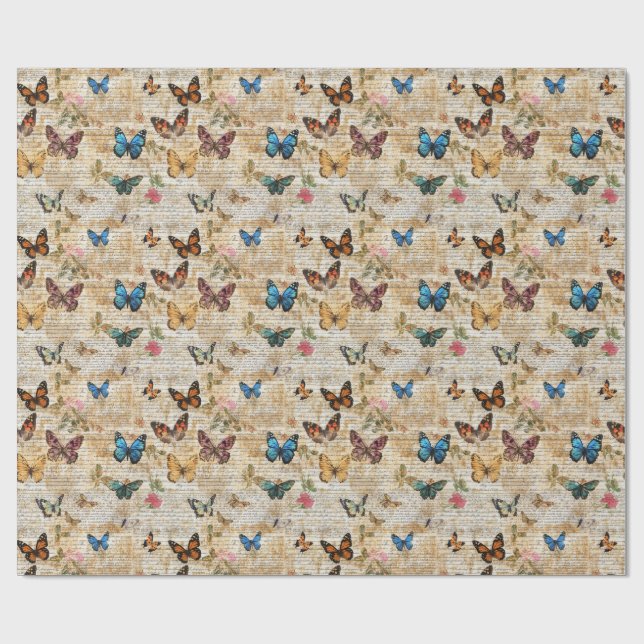 Antique Script & Vintage Butterfly Collage Wrapping Paper (Flat)
