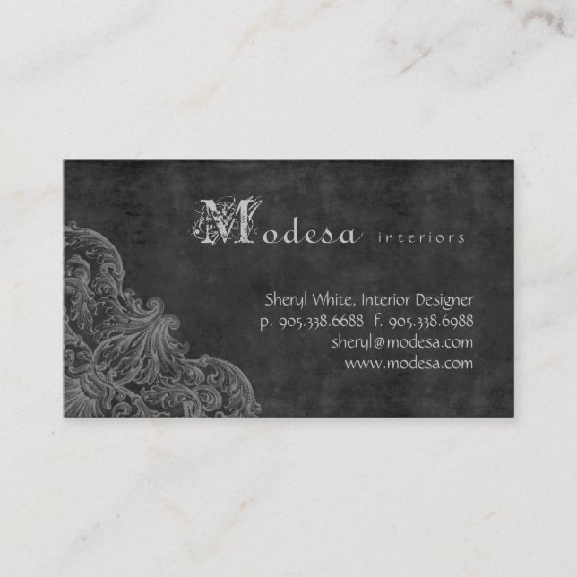 Antique Scroll Business Card Interior Design Grey (Front)