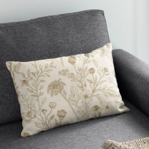 Antique Sepia Botanical Line Art Floral Pattern Accent Pillow