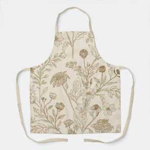 Antique Sepia Botanical Line Art Floral Pattern Apron