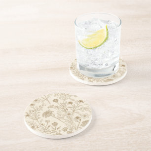 Antique Sepia Botanical Line Art Floral Pattern Coaster