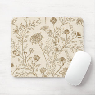 Antique Sepia Botanical Line Art Floral Pattern Mouse Pad