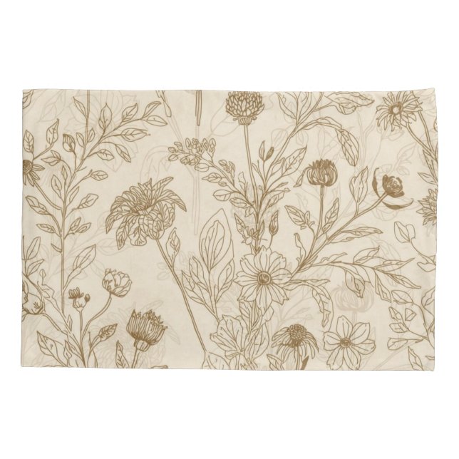 Antique Sepia Botanical Line Art Floral Pattern Pillowcase (Back)