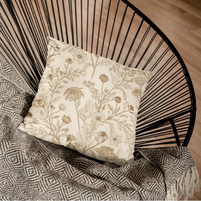 Antique Sepia Botanical Line Art Floral Pattern Throw Pillow (Creator Uploaded)