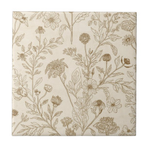 Antique Sepia Botanical Line Art Floral Pattern Tile