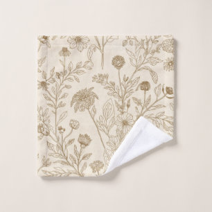Antique Sepia Botanical Line Art Floral Pattern Wash Cloth