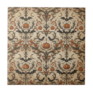 Antique Sepia Gothic Pumpkins and Moonlit Bats Tile