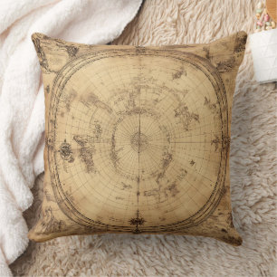 Antique Sepia Polar World Map Engraving Throw Pillow