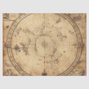 Antique Sepia Polar World Map Engraving Tissue Paper