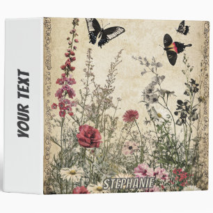 Antique Sepia Wildflower Meadow Butterfly Binder