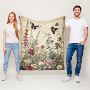 Antique Sepia Wildflower Meadow Butterfly Fleece Blanket