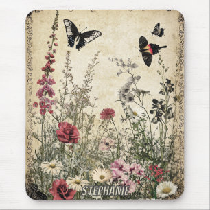 Antique Sepia Wildflower Meadow Butterfly Mouse Pad