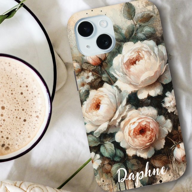 Antique Shabby Chic Pale Pink Peony Custom Name Case-Mate iPhone Case (Creator Uploaded)