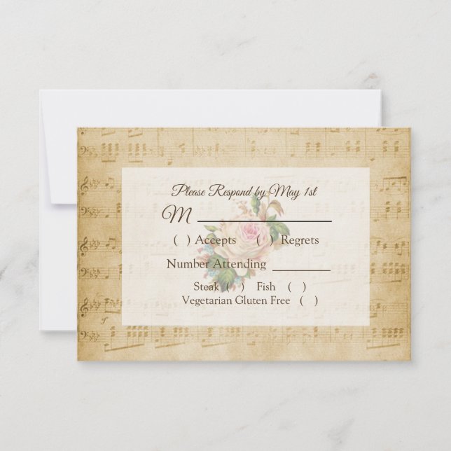 Antique Sheet Music Pink Rose Wedding RSVP card (Front)
