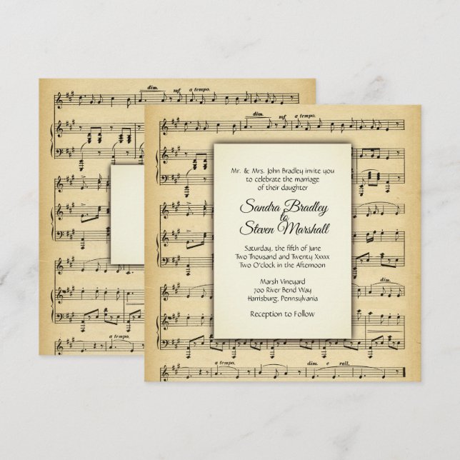 Antique Sheet Music Theme Wedding Invitation (Front/Back)
