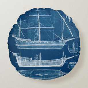 Antique Ship Blueprint I Round Pillow