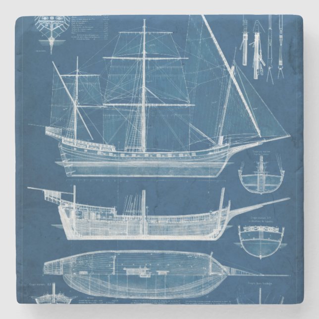 Antique Ship Blueprint I Stone Coaster (Front)