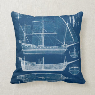 Antique Ship Blueprint I Throw Pillow