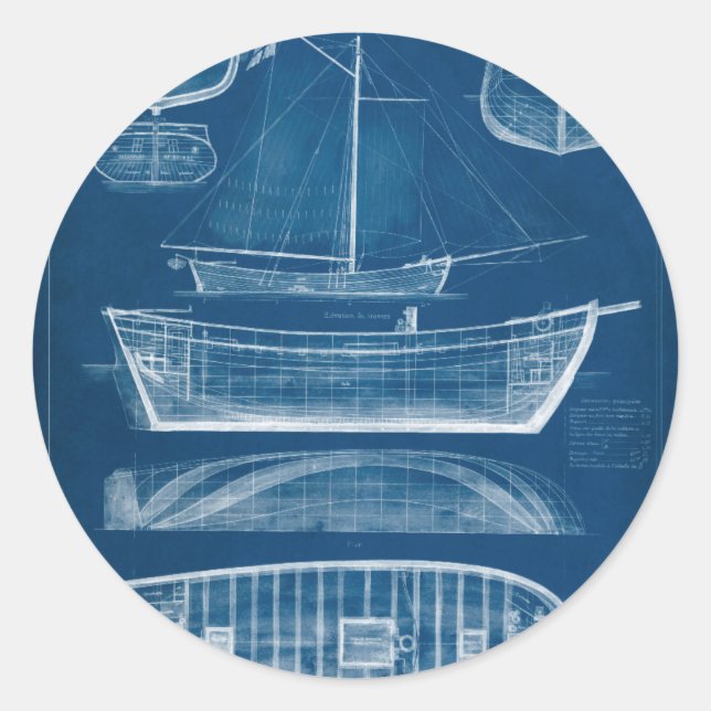 Antique Ship Blueprint II Classic Round Sticker (Front)
