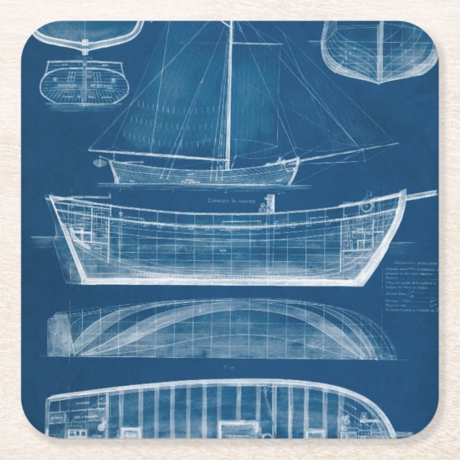 Antique Ship Blueprint II Square Paper Coaster (Front)