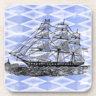 Antique Ship on Blue Coaster