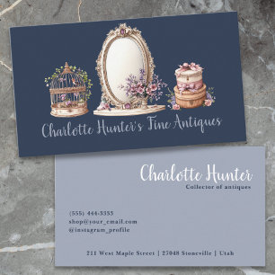 Antique shop, elegant vintage mirror, bird cage business card