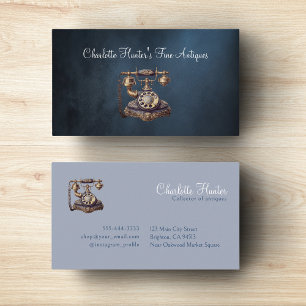 Antique shop, vintage old phone, gold and blue business card