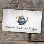 Antique shop, vintage tea pot, gold and blue business card<br><div class="desc">Elegant distressed light grey business card featuring an dark blue,  antique tea pot with gold details. Dusty blue text colour on the back with all your contact information.</div>