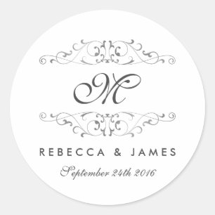 Antique Silver Flourish Monogram Wedding Stickers