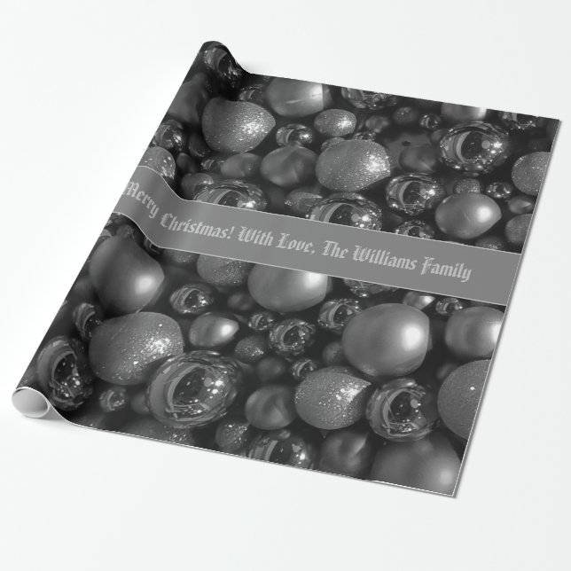 Antique Silver Grey Christmas Baubles Add Text Wrapping Paper (Unrolled)