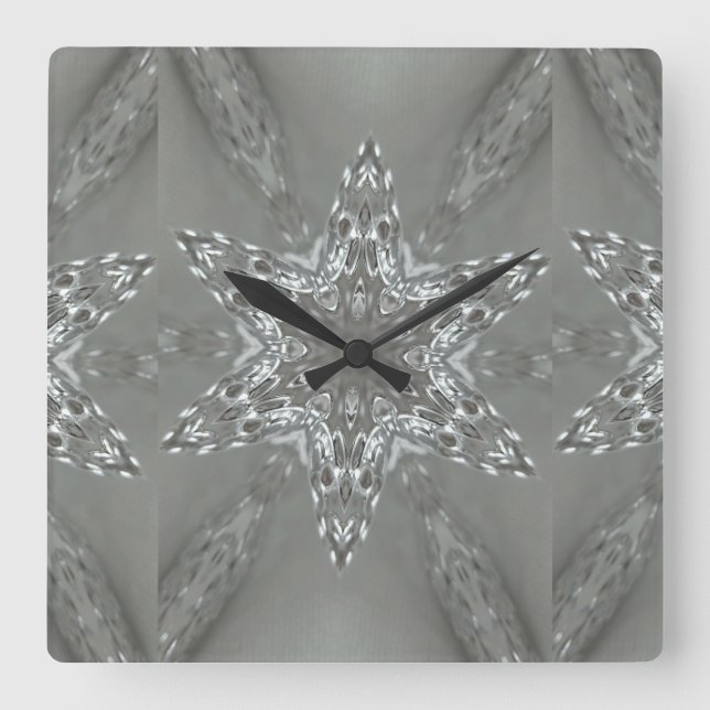 Antique Silver Grey Decorative Kaleidoscopic Star Square Wall Clock (Front)