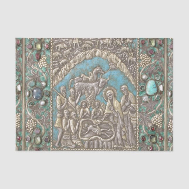 Antique Silver Turquoise Gems Nativity Scene  Tiss Tissue Paper (Front)