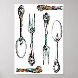 Antique silverware design poster