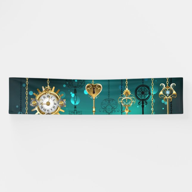 Antique Skeleton Keys on Green Background Banner (Horizontal)