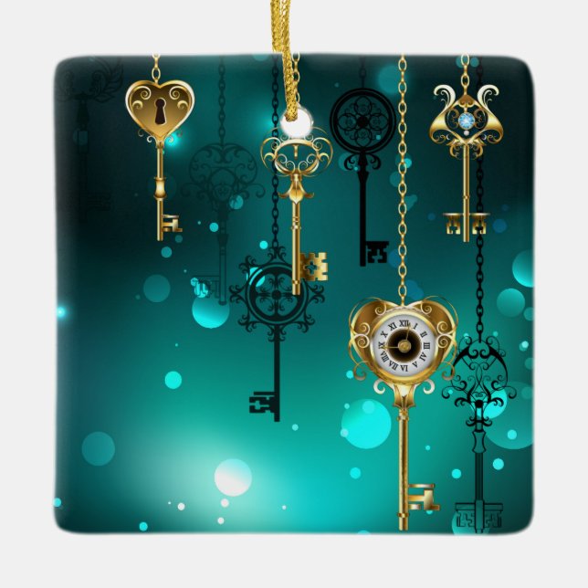 Antique Skeleton Keys on Green Background Ceramic Ornament (Front)