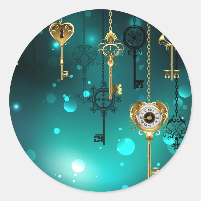 Antique Skeleton Keys on Green Background Classic Round Sticker (Front)