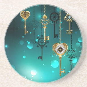 Antique Skeleton Keys on Green Background Coaster