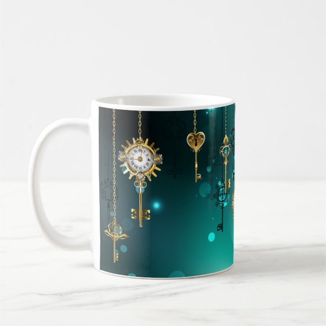 Antique Skeleton Keys on Green Background Coffee Mug (Left)