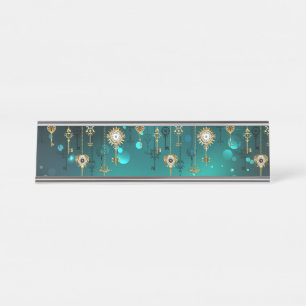 Antique Skeleton Keys on Green Background Desk Name Plate