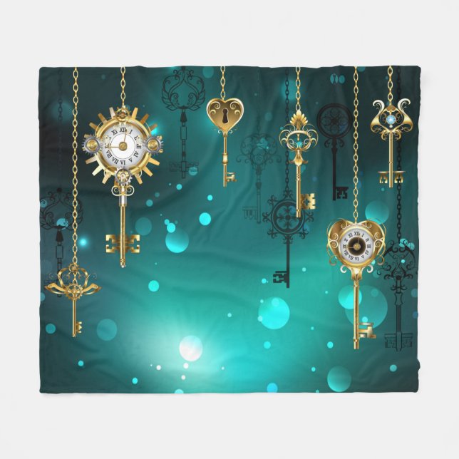 Antique Skeleton Keys on Green Background Fleece Blanket (Front (Horizontal))