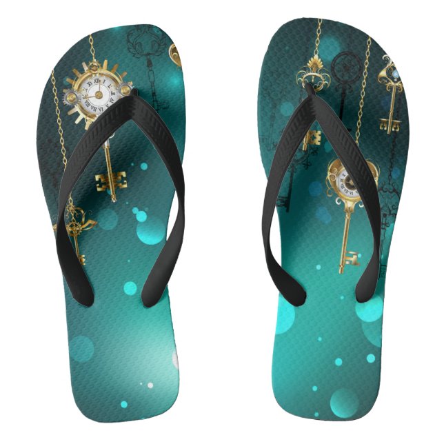 Antique Skeleton Keys on Green Background Flip Flops (Footbed)